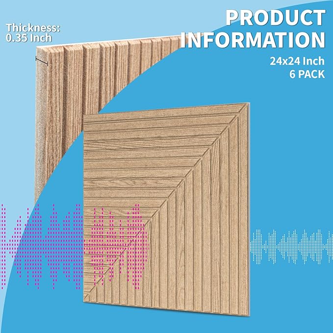 Art3d 6-Pack Self-Adhesive Acoustic Wall Panels for Home Décor, 24 x 24 Inch Soundproofing Panels for Office Studio Bedroom - High Noise Absorption Polyester Fiber, Wood Grain Airbrush
