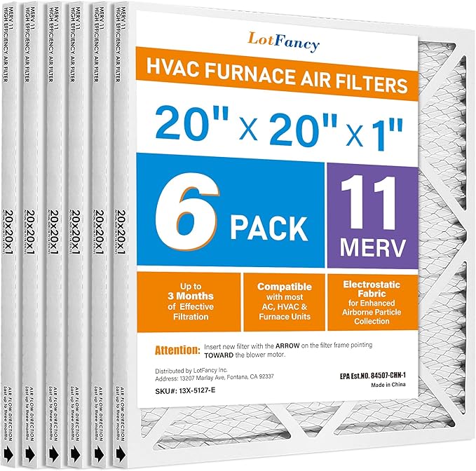 LotFancy 20x20x1 Air Filter MERV 11 6-Pack, Electrostatic Pleated AC Furnace Air Filter, Captures Dust, Smog & Pet Dander, Actual Size: 19.75"x19.75"x0.75"