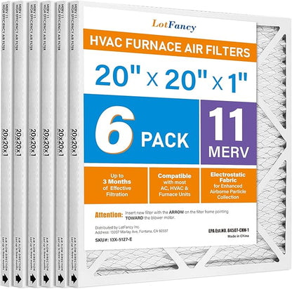 LotFancy 20x20x1 Air Filter MERV 11 6-Pack, Electrostatic Pleated AC Furnace Air Filter, Captures Dust, Smog & Pet Dander, Actual Size: 19.75"x19.75"x0.75"