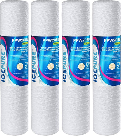 ICEPURE 5 Micron 4.5" x 20" Whole House String Wound Sediment Water Filter Cartridge for Well Water, Replacement for WP5BB20P/WP25BB20P, SDC-45-2005, SP-WP5-20BB, SWC-45-2005, 4PACK
