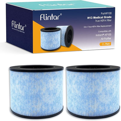 Flintar F100 Replacement Filter, Compatible with Instant AP100 Air Purifier, 3-in-1 H13 Grade Filtration, Part# F100, 2-Pack