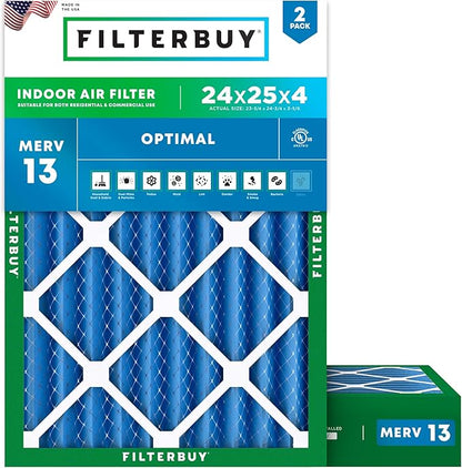 Filterbuy 24x25x4 Air Filter MERV 13 Optimal Smoke & Allergy Defense (2-Pack), Electrostatic Pleated HVAC AC Furnace Filters Replacement, Made in USA (Actual Size: 23.75 x 24.75 x 3.63)