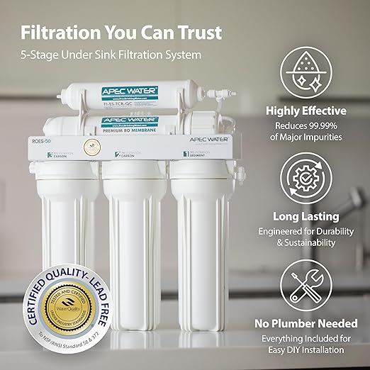 APEC WATER - Reverse Osmosis Water Filter System (ROES-50) Essence Series - 5-Stage Filtration - 50 GPD - Removes 99.99% of Impurities - DIY Install - WQA Certified - Under Sink Reverse Osmosis System