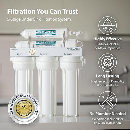 APEC WATER - Reverse Osmosis Water Filter System (ROES-50) Essence Series - 5-Stage Filtration - 50 GPD - Removes 99.99% of Impurities - DIY Install - WQA Certified - Under Sink Reverse Osmosis System