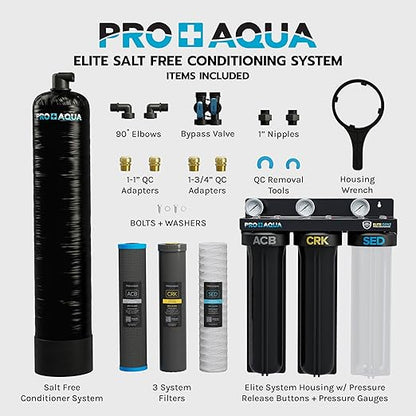 PRO+AQUA Elite Whole House Water Filter 3 Stage Well Water Filtration System w/Gauges, PR Button, 1” Ports, Filter Set (10 GPM Salt-Free Bundle)