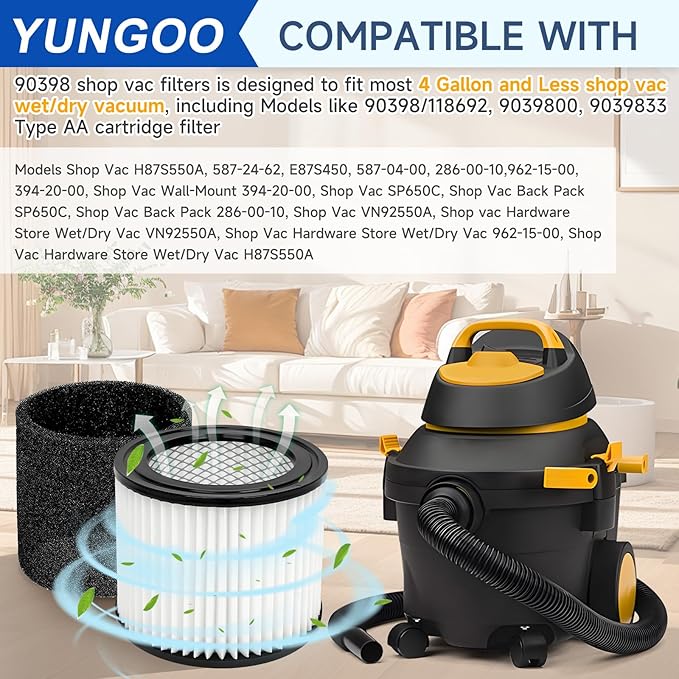 2 Pack 90398 Replacement Filter Compatible with Shop Vac 903-98 90398 9039800 903-98-00 Type AA Cartridge Vacuum Filter Fits Most Shop Vac 4 Gallon and Less Wet/Dry Vacuum