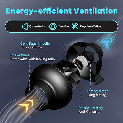 iPower 4 Inch 195 CFM Exhaust Inline Duct Vent Booster Blower with Variable Indoor Grow Tent Hydroponics Ventilation, Quiet, 4'' Fan with Speed Controller New, Black