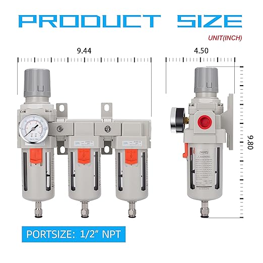 NANPU Three Stage Air Drying System - 5 Micron Particulate Filter, 0.5＆0.01 Micron Coalescing Filters, Air Pressure Regulator Combo - 0-150 psi Gauge, Semi-Auto Drain, Metal Bracket (1/2" NPT)