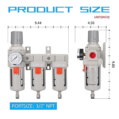 NANPU Three Stage Air Drying System - 5 Micron Particulate Filter, 0.5＆0.01 Micron Coalescing Filters, Air Pressure Regulator Combo - 0-150 psi Gauge, Semi-Auto Drain, Metal Bracket (1/2" NPT)