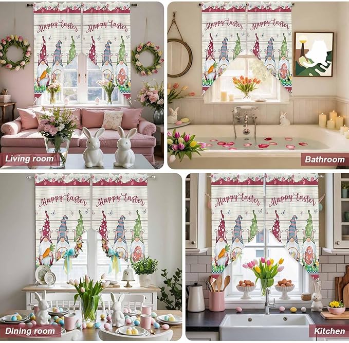 Swag Curtain,Happy Easter Gnomes with Eggs on Grass Kitchen Valances Rod Pocket Curtains Tier Pair Swag Topper,Spring Floral on Wood Barn 2 Panels Window Treatment for Bathroom Living Room Bedroom