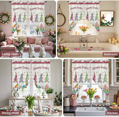 Swag Curtain,Happy Easter Gnomes with Eggs on Grass Kitchen Valances Rod Pocket Curtains Tier Pair Swag Topper,Spring Floral on Wood Barn 2 Panels Window Treatment for Bathroom Living Room Bedroom