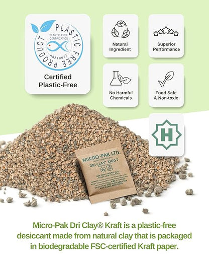 Micro-Pak Dri Clay Kraft, Highest Moisture Absorption Desiccant Packs, Silica Gel Packets Alternative, Food Safe Bentonite Clay, Desiccant Packs for Storage, Moisture Absorbers for Closet, 6gx50pcs