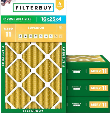 Filterbuy 16x25x4 Air Filter MERV 11 Superior Pet & Allergy Defense (4-Pack), Electrostatic Pleated HVAC AC Furnace Filters Replacement, Made in USA (Actual Size: 15.50 x 24.50 x 3.63)