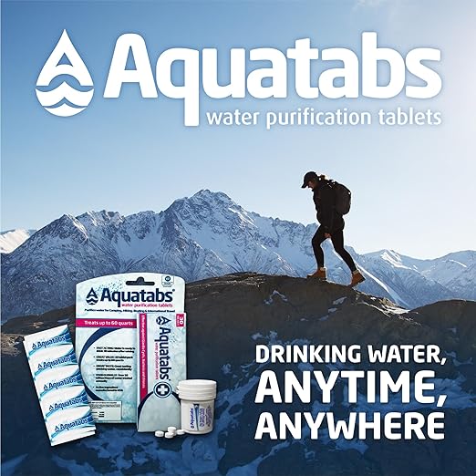 Aquatabs 49mg Water Purification Tablets (30 Pack). Portable Water Purifier for Camping Essentials, Lightweight Camping Gear or Survival Kit, EPA Registered & NSF/ANSI 60 Certified, Fast-Acting