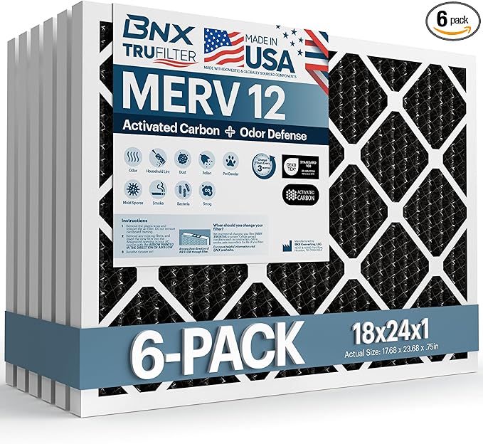 BNX TruFilter 18x24x1 MERV 12 Odor Defense (6-Pack) AC Furnace Air Filter with Activated Carbon - MADE IN USA - Pleated Air Conditioner HVAC AC Furnace Filters - Removes Odor, Mold, Bacteria, Smoke