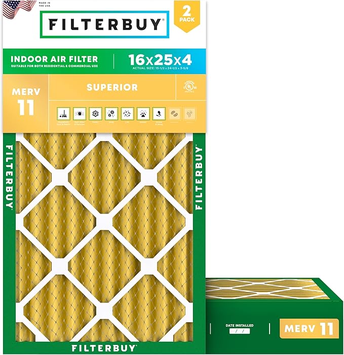 Filterbuy 16x25x4 Air Filter MERV 11 Superior Pet & Allergy Defense (2-Pack), Electrostatic Pleated HVAC AC Furnace Filters Replacement, Made in USA (Actual Size: 15.50 x 24.50 x 3.63)