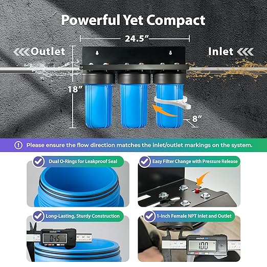iSpring 3-Stage Whole House Water Filter System, SGS-Tested to Remove Up to 99% PFAS, Reduces Scale, Heavy Metals, Corrosion, Lead, Chlorine, 10” x 4.5” Filters, 1” NPT Ports, Model: WGB31B-PFKDS