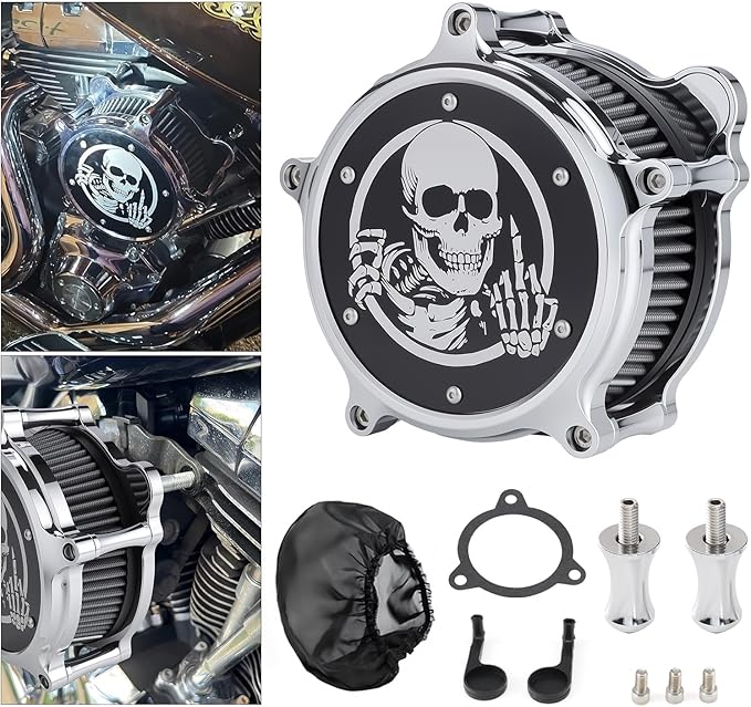 Motorcycle Air Cleaner Skull Style Air Filter with Dustproof Protective Cover Kit for Harley Davidson Touring Trike 2008-16 Softail 2016-17 Dyna 2017 (Chrome)