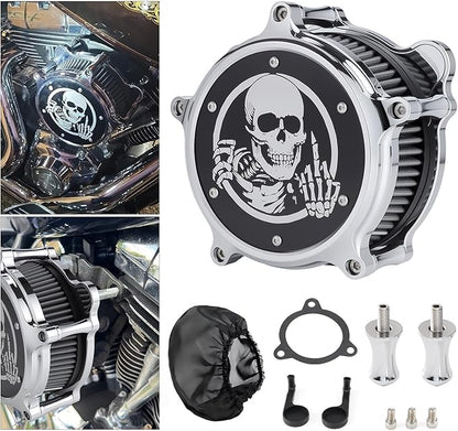 Motorcycle Air Cleaner Skull Style Air Filter with Dustproof Protective Cover Kit for Harley Davidson Touring Trike 2008-16 Softail 2016-17 Dyna 2017 (Chrome)
