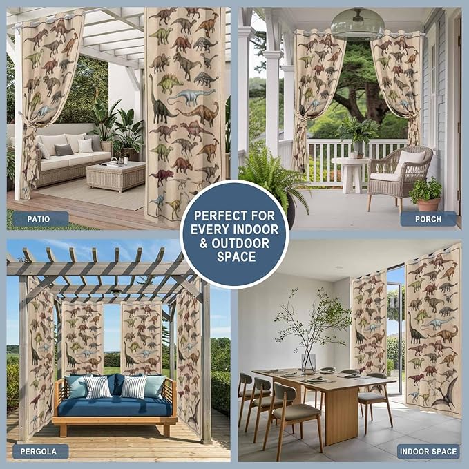 Vintage Outdoor Curtains for Patio Dinosaurs Biographies Retro Waterproof Outside Curtains with Grommet Top Weatherproof Curtain for Cabana Pergola Gazebo, 1 Panel, 54" W x 84" L