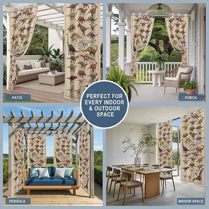 Vintage Outdoor Curtains for Patio Dinosaurs Biographies Retro Waterproof Outside Curtains with Grommet Top Weatherproof Curtain for Cabana Pergola Gazebo, 1 Panel, 54" W x 84" L
