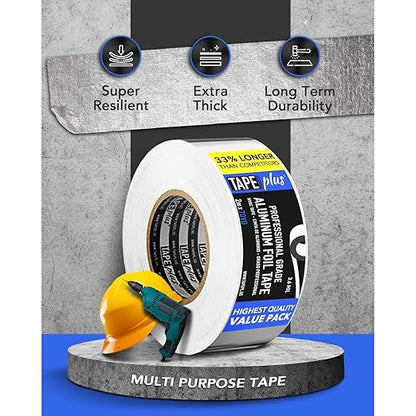 TapePlus Aluminum Foil Tape - Heat Resistant Duct Seal for HVAC Applications - Waterproof Insulation Tape - Aluminum Adhesive Sheet for Dryer Duct Repairs - 4 Pack, 2 in x 210 ft, Silver