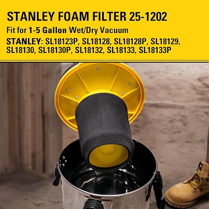 STANLEY Foam Filter, for 1-5 Gallon Wet/Dry Vacuum 25-1202, Compatible with STANLEY SL18123P, SL18128, SL18128P, SL18129, SL18130, SL18130P, SL18132, SL18133, SL18133P