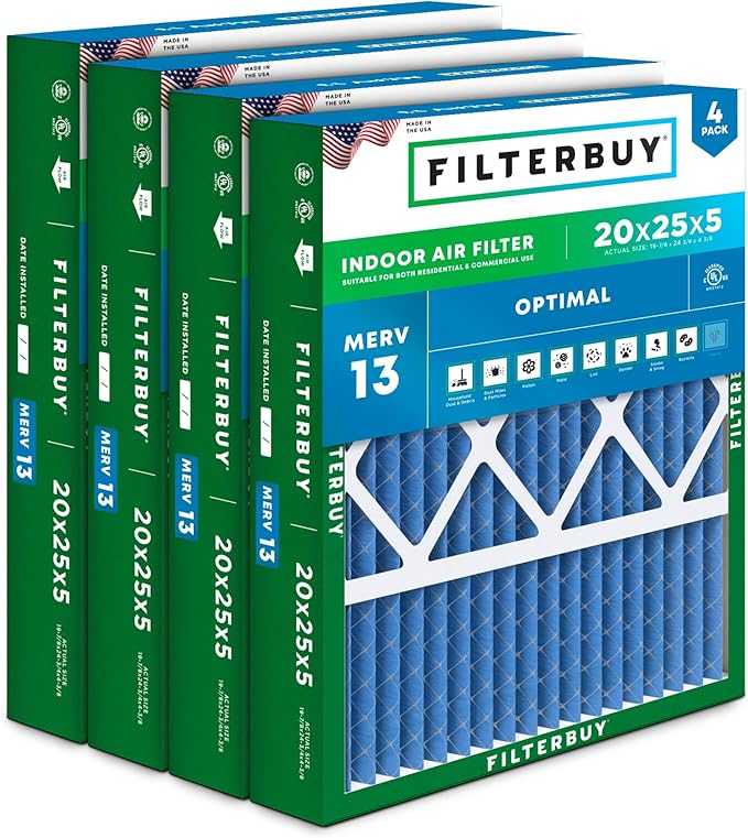 Filterbuy 20x25x5 Air Filter MERV 13 Optimal Smoke & Allergy Defense (4-Pack), Pleated HVAC AC Furnace Filters for Honeywell FC100A1037, Lennox X6673, and More (Actual Size: 19.88 x 24.75 x 4.38)