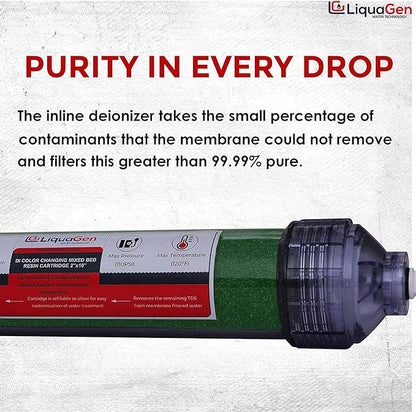 LiquaGen Color Changing Deionization (DI) Mixed Bed Replacement Inline Water Filter (2" x 10") for 0 TDS Ultra Pure Water | Aquarium Filter | Fish Tank Filters | for RODI Systems