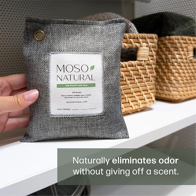 Moso Natural Air Purifying Bag 200g (3 Pack) HGTV Editor's Pick | Premium Bamboo Charcoal Odor Absorber for Home & Car | Closet Odor Eliminator & Car Air Freshener | Long Lasting Charcoal Bags