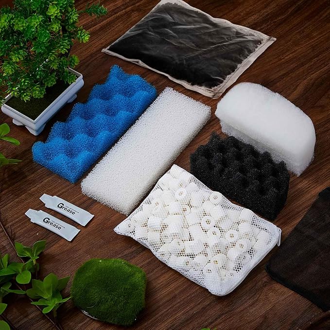 32 Pcs Aquarium Media Kit Compatible with Fluval 206/207 Canister Filter, Including Foam Pad, Water Polishing Pad, Activated Carbon, Ceramic Rings, Mesh Bags, Silicone Lube