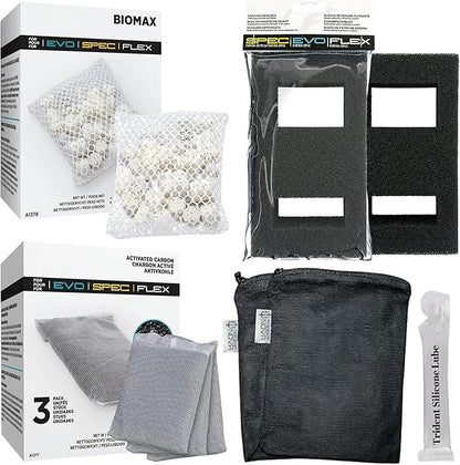SPEC (3 Gal,5 Gal) | EVO(5 Gal) | Flex (9 Gal) Maintenance & Replacement Filter Media Kit, Including Trident Mesh Bags(SPEC EVO Flex Activated Carbon 3-Packs, BioMax, Foam Filter Block)