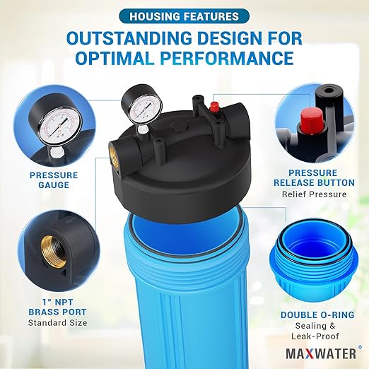 Max Water 20" x 4.5" Whole House Water Filter Housing (WHB20), 20" Sediment Carbon Filter Universal Housing (DB20P), Big Filter Blue Pre-Filtration System for Well Water, 1" NPT Port, Pressure Release