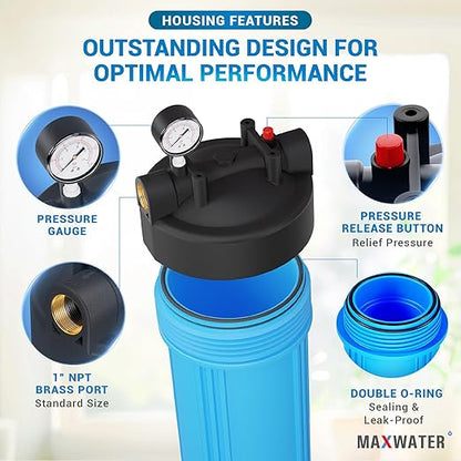 Max Water 20" x 4.5" Whole House Water Filter Housing (WHB20), 20" Sediment Carbon Filter Universal Housing (DB20P), Big Filter Blue Pre-Filtration System for Well Water, 1" NPT Port, Pressure Release