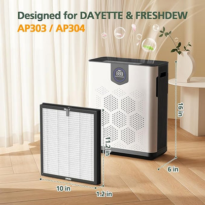 AP303 AP304 Replacement Filters, Compatible with DAYETTE AP303/AP304/AP305/AP405 Air Purifier, and for FRESHDEW AP303/304 Purifier, HEPA Filter with 3 Stage Filtration, 4 Pack (Standard-White)