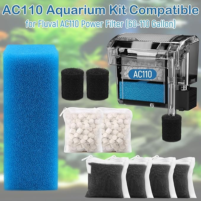 Aquarium Media Maintenance Kit Replacement for Fluval AC110 Power Filter, Includes 1 Blue Foam Filters, 2 Intake Strainer Sponge,2Pack Ceramic Rings and 4 Pack Activated Carbon
