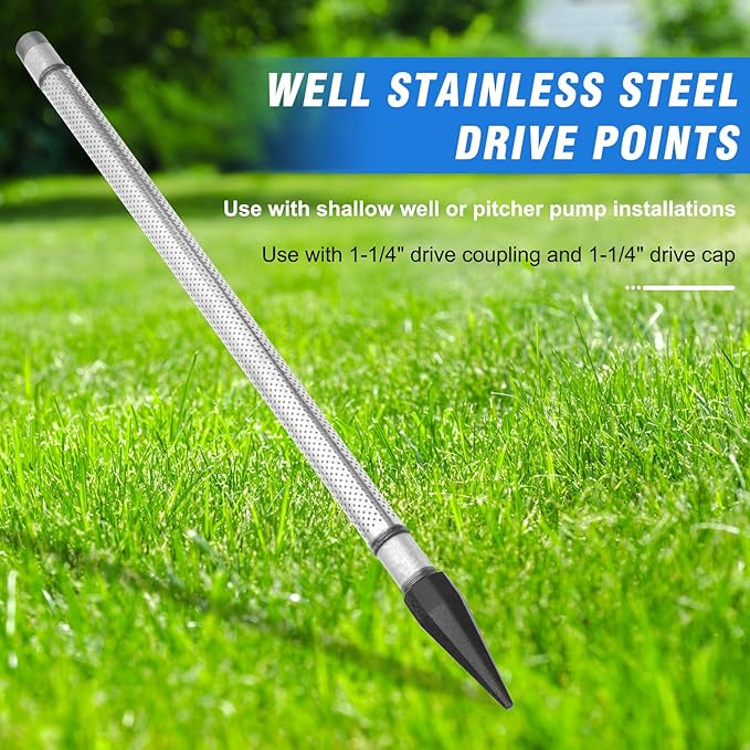 Well Point 1-1/4, Sand Points Well, 1-1/4 Drive Point Well, Well Stainless Steel Drive Points, Heavy Duty Shallow Well Point, 36-Inch Pipe Length 60 Gauze, Stainless Steel Gauze and Screen
