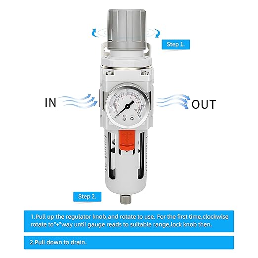 NANPU 3/8" NPT Compressed Air Filter Regulator Combo Piggyback, 5 Micron Brass Element, Poly Bowl, Semi-Auto Drain, Metal Bracket, 0-150 psi Gauge