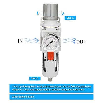 NANPU 3/8" NPT Compressed Air Filter Regulator Combo Piggyback, 5 Micron Brass Element, Poly Bowl, Semi-Auto Drain, Metal Bracket, 0-150 psi Gauge