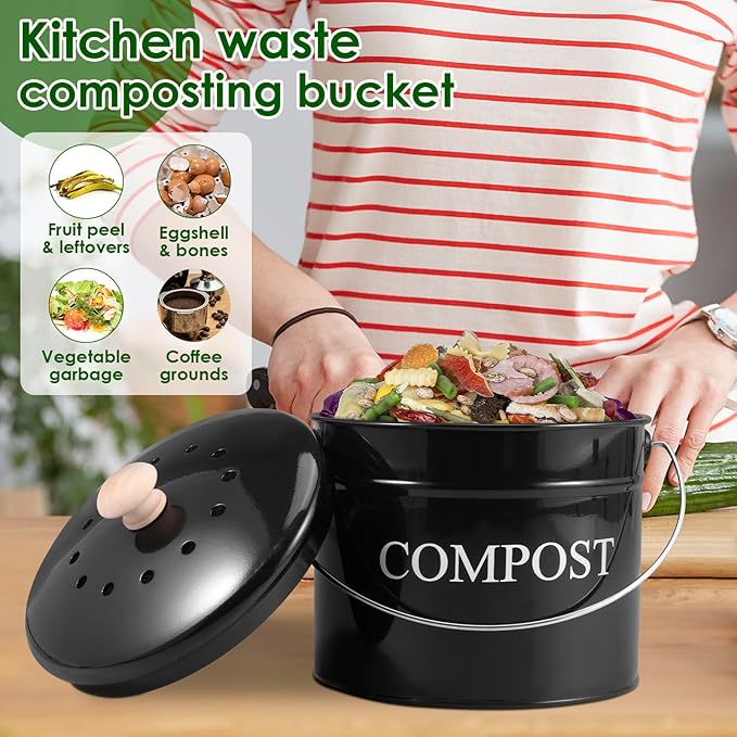 Kitchen Compost Bin 0.8 Gallon Metal Countertop Compost Bin with Lid and Handle, Smell Resistant Indoor Waste Bucket for Food Waste(Black,1)