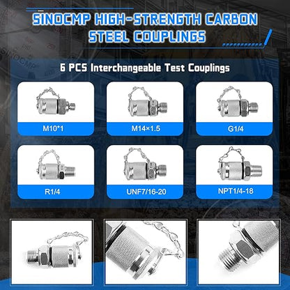 SINOCMP Hydraulic Pressure Test Kit with 3 Gauges 10/25/40 Mpa, 3 Long Hoses 6 Couplings Diagnosis Gauge Tester Set for Excavator Construction Engineering Machinery Equipment
