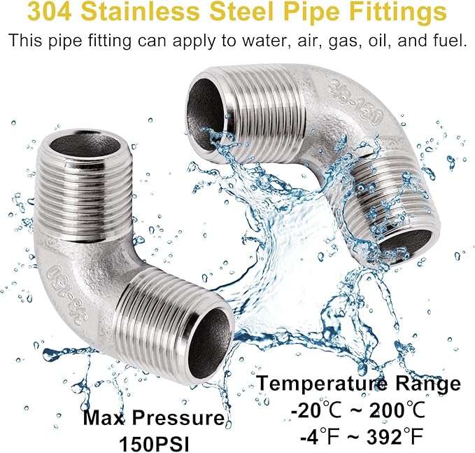 3/8" x 3/8" NPT 90 Degree Elbow 304 Stainless Steel Pipe Fittings Male Threaded Coupler, 2 Pack