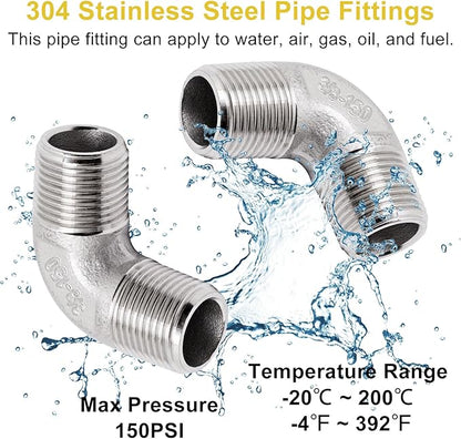 3/8" x 3/8" NPT 90 Degree Elbow 304 Stainless Steel Pipe Fittings Male Threaded Coupler, 2 Pack