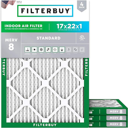 Filterbuy 17x22x1 Air Filter MERV 8 Essential Dust & Allergy Defense (4-Pack), Electrostatic Pleated HVAC AC Furnace Filters Replacement, Made in USA (Actual Size: 16.50 x 21.50 x 0.75)