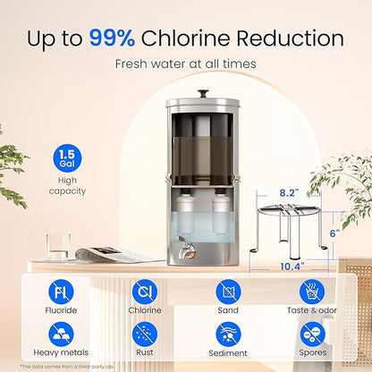 Waterdrop 1.5 Gallons Gravity-fed Water Filter System, NSF/ANSI 42&372 Standard, Stainless-Steel Travel System with 4 Filters, Metal Spigot and Stand, Reduces Up to 99% Chlorine-King Tank Series