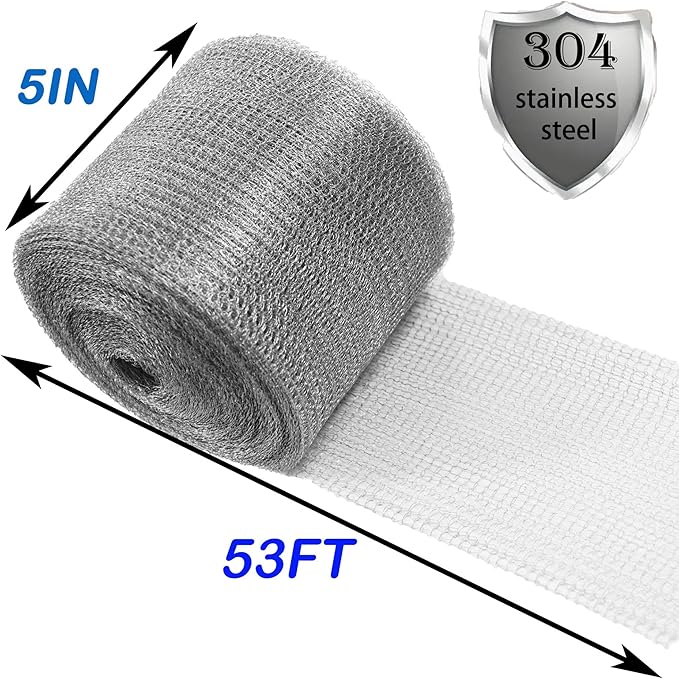 Wire Mesh for Mice Control 5IN X 53Ft,Hole Fill Fabric,Upgraded Stainless Steel Wire Mesh Roll, Weep Holes Covers, Flexible Stretchy Fabric for Garden House and DIY, Rodent Barrier