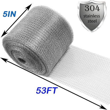 Wire Mesh for Mice Control 5IN X 53Ft,Hole Fill Fabric,Upgraded Stainless Steel Wire Mesh Roll, Weep Holes Covers, Flexible Stretchy Fabric for Garden House and DIY, Rodent Barrier