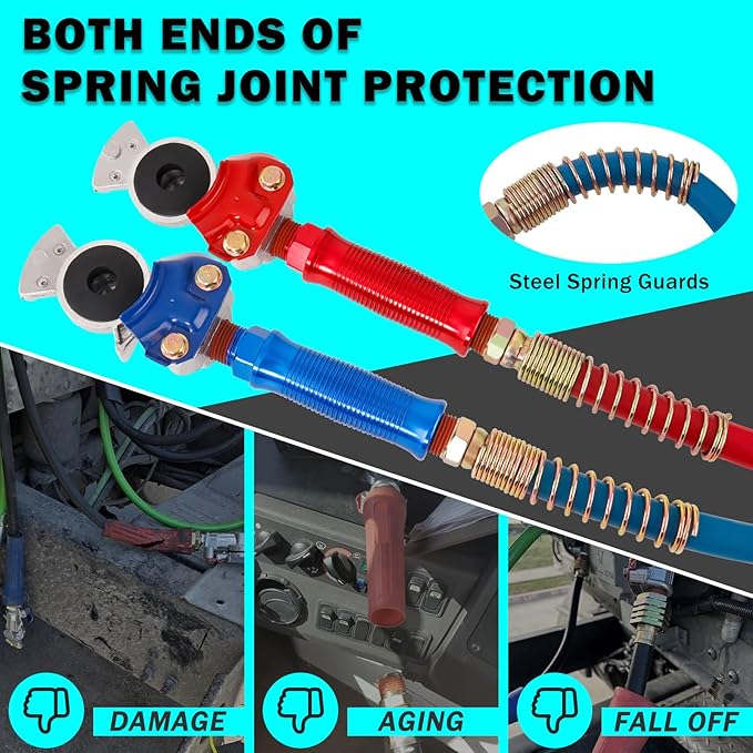 CheeMuii 15FT Semi Truck Air Line Kit with Gladhand Holder and Springs Kit Red & Blue Air Brake Hoses and 7 Way Trailer Cord 3-in-1 Air Lines Set for Semi Truck Trailer Tractor