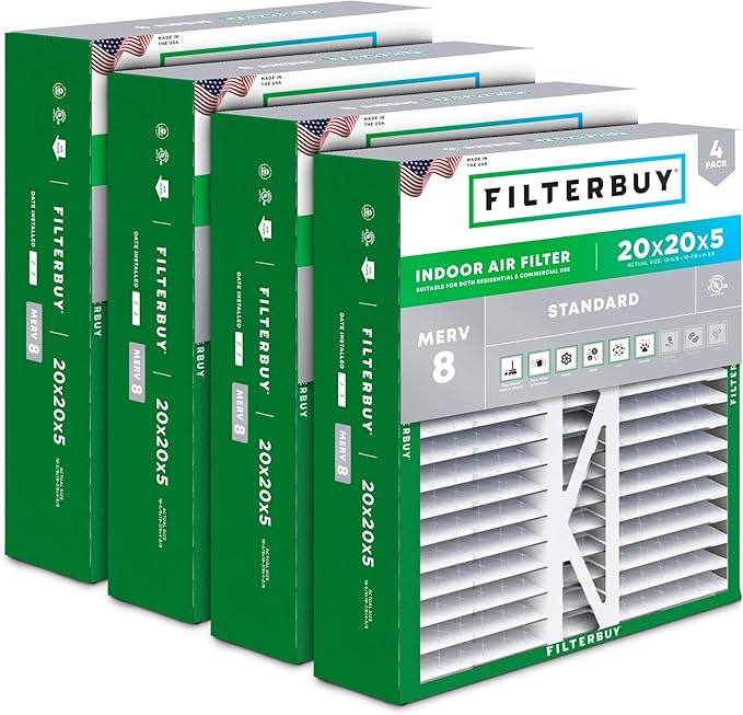 Filterbuy 20x20x5 Air Filter MERV 8 Essential Dust & Allergy Defense (4-Pack), Pleated HVAC AC Furnace Filters for Honeywell FC100A1011, Lennox X0585, and More (Actual Size: 19.63 x 19.88 x 4.38)