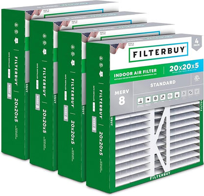Filterbuy 20x20x5 Air Filter MERV 8 Essential Dust & Allergy Defense (4-Pack), Pleated HVAC AC Furnace Filters for Honeywell FC100A1011, Lennox X0585, and More (Actual Size: 19.63 x 19.88 x 4.38)